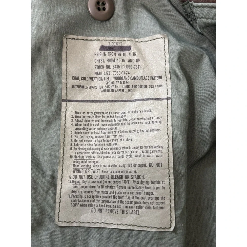 NEW USGI M-65 Cold Weather Coat Woodland Camo XL Regular Stock# 8415-01-099-7841